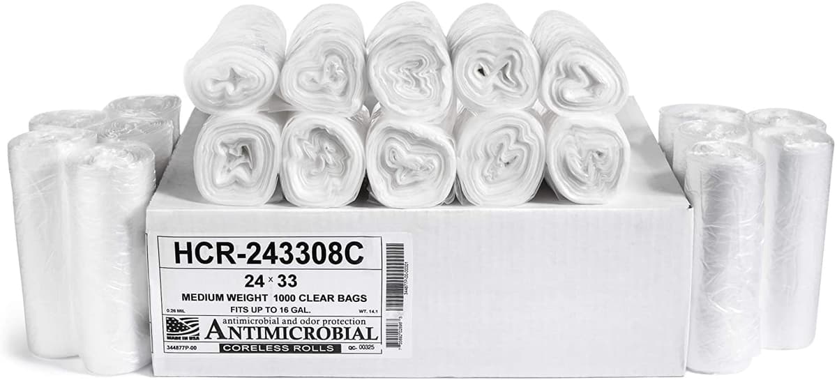 Aluf Plastics 12-16 Gallon Clear Trash Bags - 24" x 33" - 8 Micron High Density (1 Pallet of 100 Cases, 10000 Bags Total) HCR-243308C