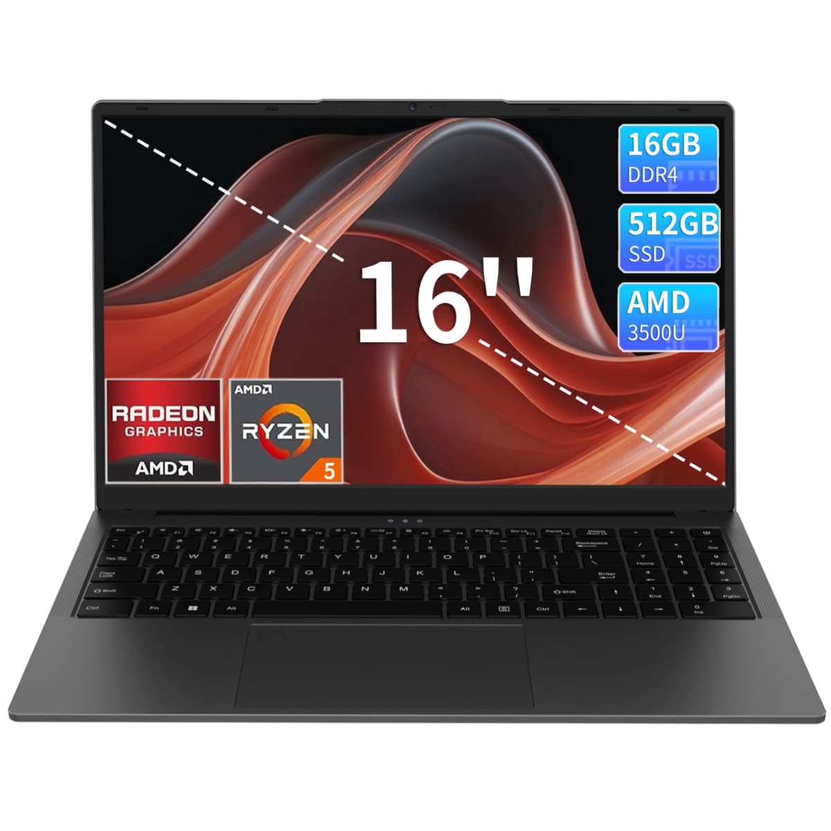 KurieTim Computadora portátil 16" IPS FHD, AMD Ryzen 5 3500U (4C/8T, 2.0-3.7 GHz), Radeon Vega 8, 16GB RAM, 512GB SSD, webcam 2MP, lector de huellas, teclado retroiluminado con teclado numérico, Windows 11 Pro - Laptop para negocios y estudiantes T160RB