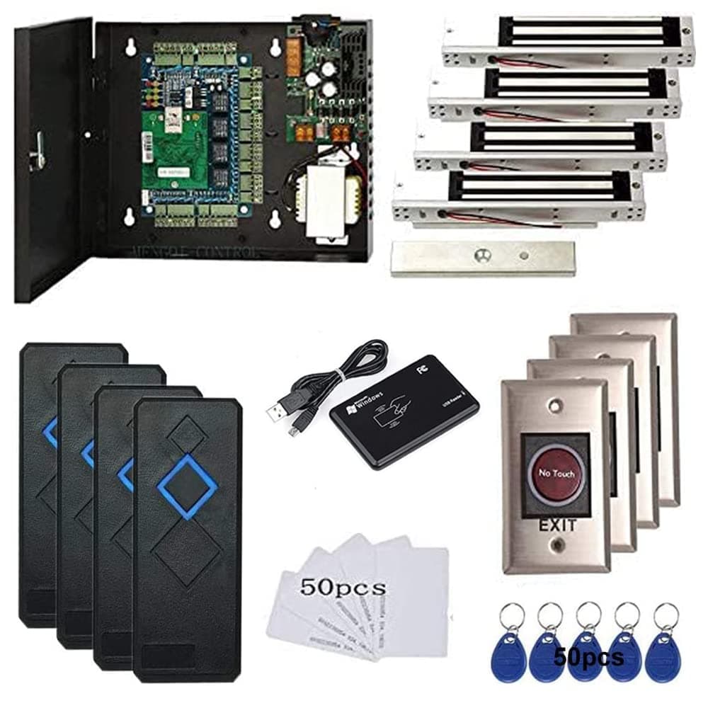 MENGQI-CONTROL Sistema de Control de Acceso 4 Puertas Panel de Control con Cerradura Magnética 600 lbs Fuente de Alimentación 110V Caja Lector RFID Botón de Salida Sin Contacto Lector USB de Inscripción Tarjeta Llavero APP Móvil para Abrir Cerradura Remotamente 4door-ControlPanel-MagLock