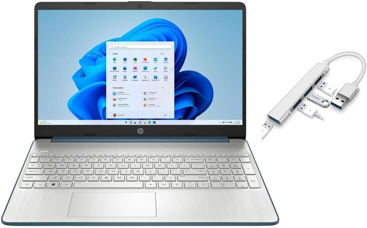 HP Laptop 15,6 pulgadas | Procesador Intel Core i5-1235U | Azul Abeto | 8 GB RAM | 256 GB SSD | Windows 11 Home | Paquete con Hub USB 3.0