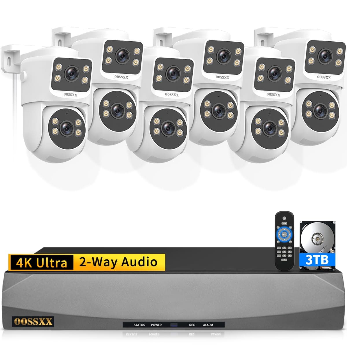 OOSSXX (4K Doble Lente) Sistema de Cámaras de Seguridad Exteriores Cableadas Video Vigilancia POE PT Sistema de Cámaras de Seguridad para el Hogar 350°Pan/90°Tilt