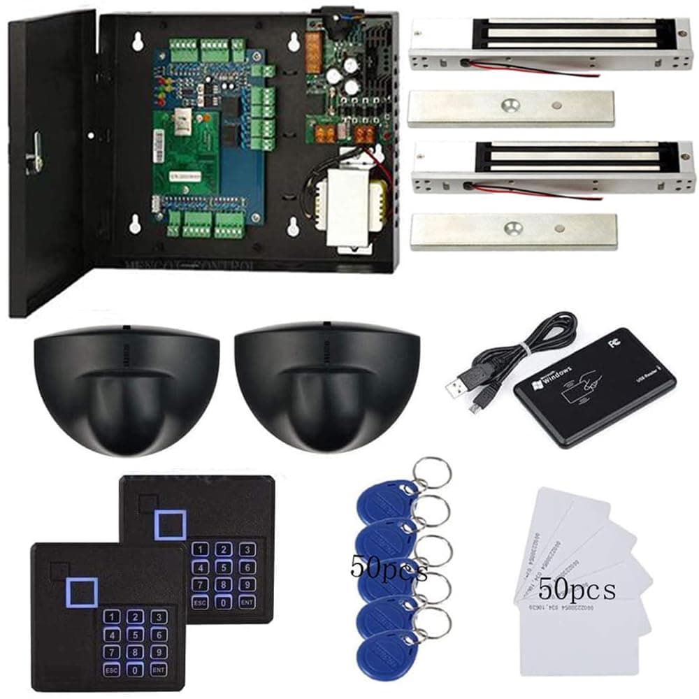 Sensor de movimiento de salida para cerradura magnética MENGQI-CONTROL 2 puertas Sistema de control de acceso TCP/IP Teclado Lector Placa de control Fuente de alimentación 110V Caja USB para registrar lector Tarjeta RFID/llavero (Apertura remota de puerta por APP móvil) 2door-board-em motion keypad