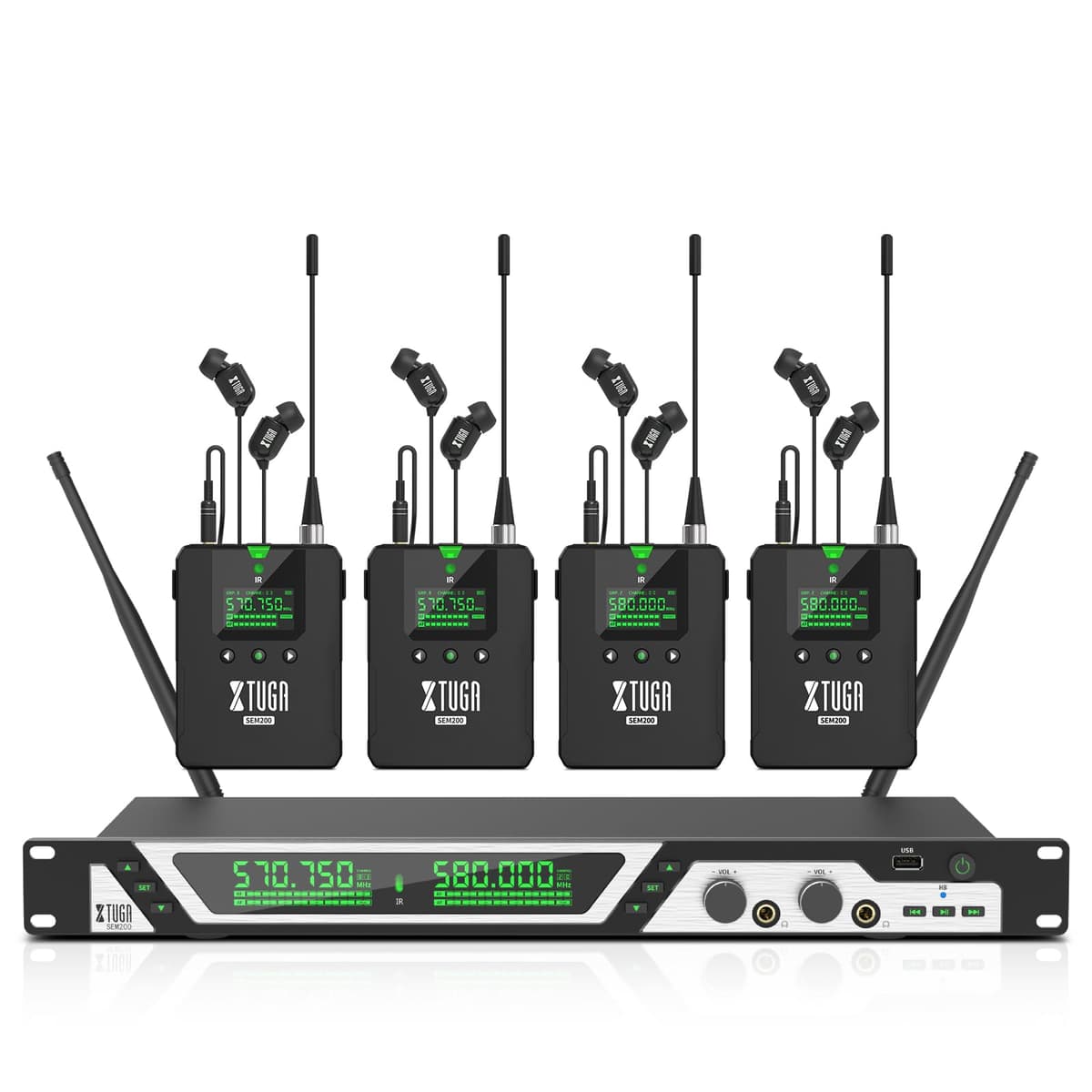 XTUGA SEM200 Sistema IEM Inalámbrico Estéreo - 2×100 Canales UHF, 4 Bodypacks, 70 m Alcance