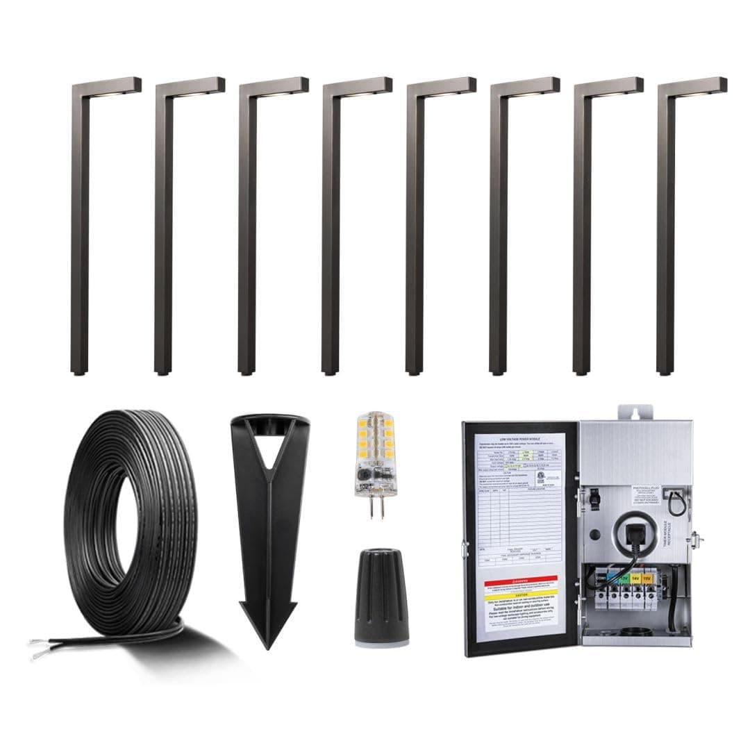 Gardenreet kit 8 luces de camino latón bronce 12V con transformador 150W temporizador y cable 100FT Path-2404-8-Kit