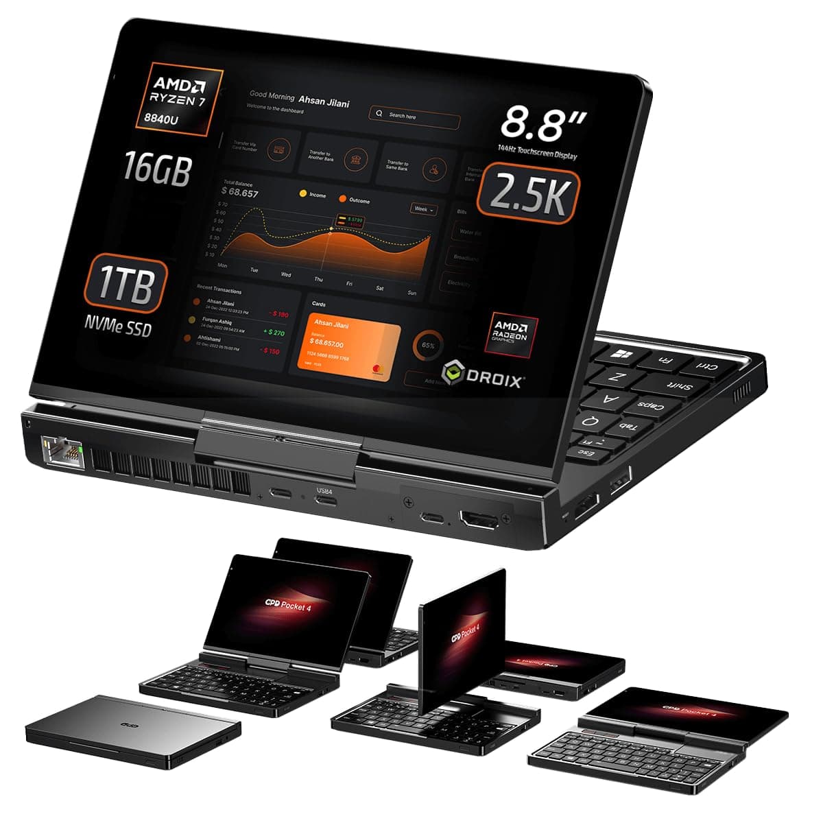 GPD Pocket 4 Mini Laptop, AMD Ryzen 7 8840U, Radeon 780M, 16GB LPDDR5X, 1TB PCIe Gen4 SSD, 8.8" 2.5K 144Hz, Wi-Fi 6E, Bluetooth 5.3, Modular