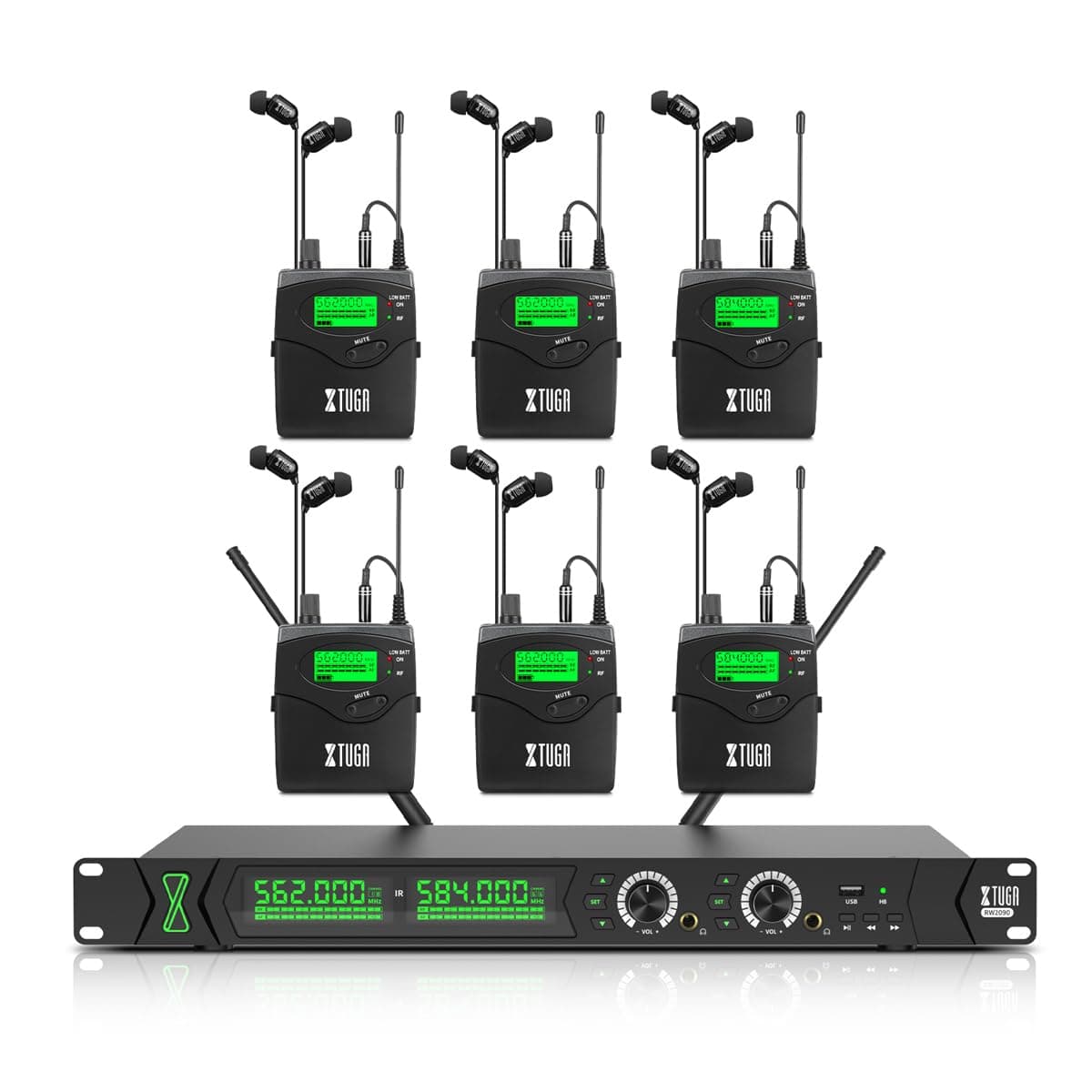 XTUGA RW2090 Sistema in-ear inalámbrico mono con 6 bodypacks, 2×100 frecuencias, 70m de alcance (550-599MHz)