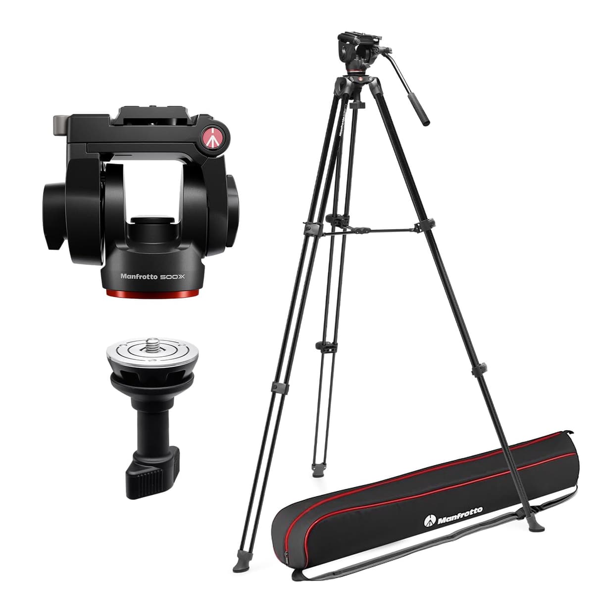 Manfrotto 500X Video Kit, Cabezal Fluido y Trípode de Aluminio de Dos Patas, Carga útil 5 kg, Base Plana, Difusor Medio, Placa de Liberación Rápida, Disparo Vertical/Horizontal, para Cámaras Sin Espejo, Bolso Incluido MVK500XAM