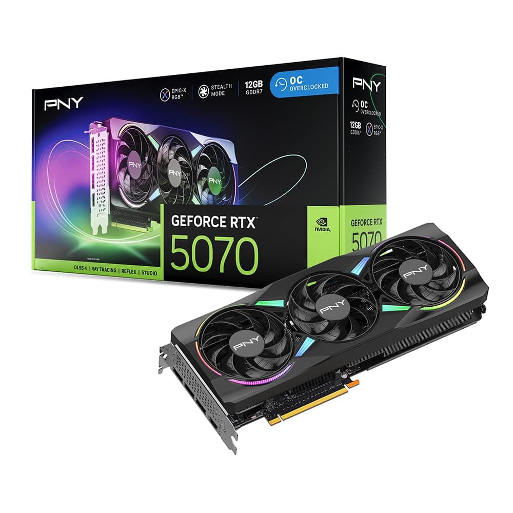 PNY NVIDIA GeForce RTX 5070 Epic-X ARGB OC Triple Fan, Tarjeta Gráfica (12GB GDDR7,192 bits, Velocidad Boost: 2685 MHz, Lista para SFF, PCIe 5.0, HDMI/DP 2.1, 2.4 ranuras, Arquitectura Blackwell, DLSS 4) VCG507012TFXXPB1-O