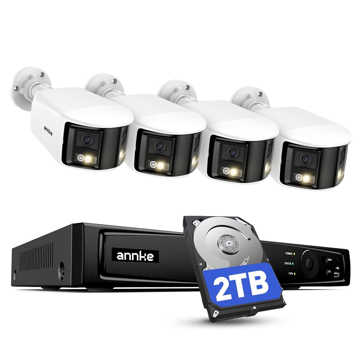 Sistema de cámaras de seguridad ANNKE 4K PoE con doble lente, vista panorámica de 180°, NVR 12MP H.265+ con HDD de 2TB, 4 cámaras IP exteriores cableadas de 8MP, detección inteligente de personas/vehículos, audio bidireccional, alarma sonora y luminosa AU-N98PBK2-94EV-P