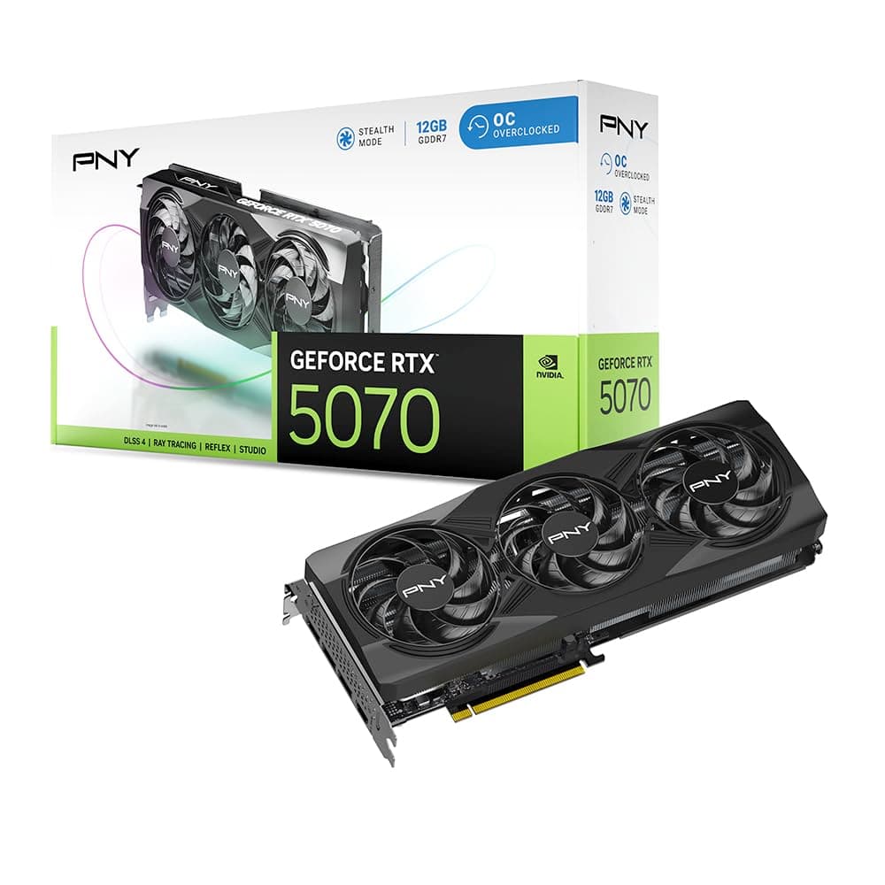 PNY NVIDIA GeForce RTX 5070 OC Triple Fan, Tarjeta de Video (12GB GDDR7,192 bits, Velocidad Boost: 2587 MHz, Compatible con SFF, PCIe 5.0, HDMI/DP 2.1, 2.4 ranuras, Arquitectura NVIDIA Blackwell, DLSS 4)