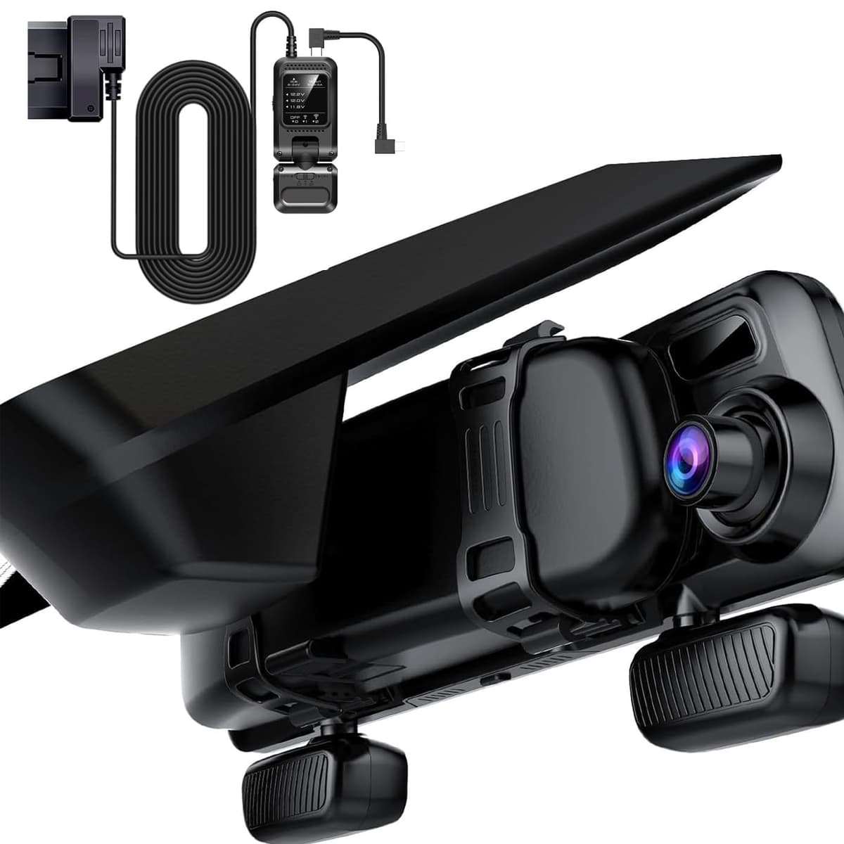 Cámara de Tablero Espejo PRUVEEO 12" con Detector de Radar por Microondas, 4 Canales 1080P×4, Frontal, Izquierda, Derecha, Trasera, Visión Nocturna IR, GPS, Monitor de Estacionamiento, Tarjeta 128GB Gratis J20-4CH-RADAR