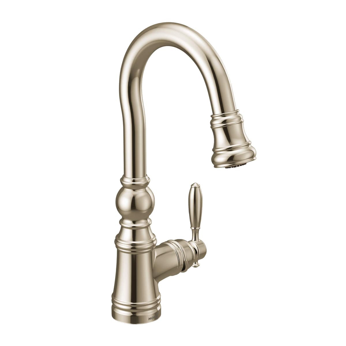Moen S53004NL Grifo de barra de cocina Weymouth Shepherd's Hook con ducha extraíble que incluye varilla metálica con Power Clean, niquelado pulido