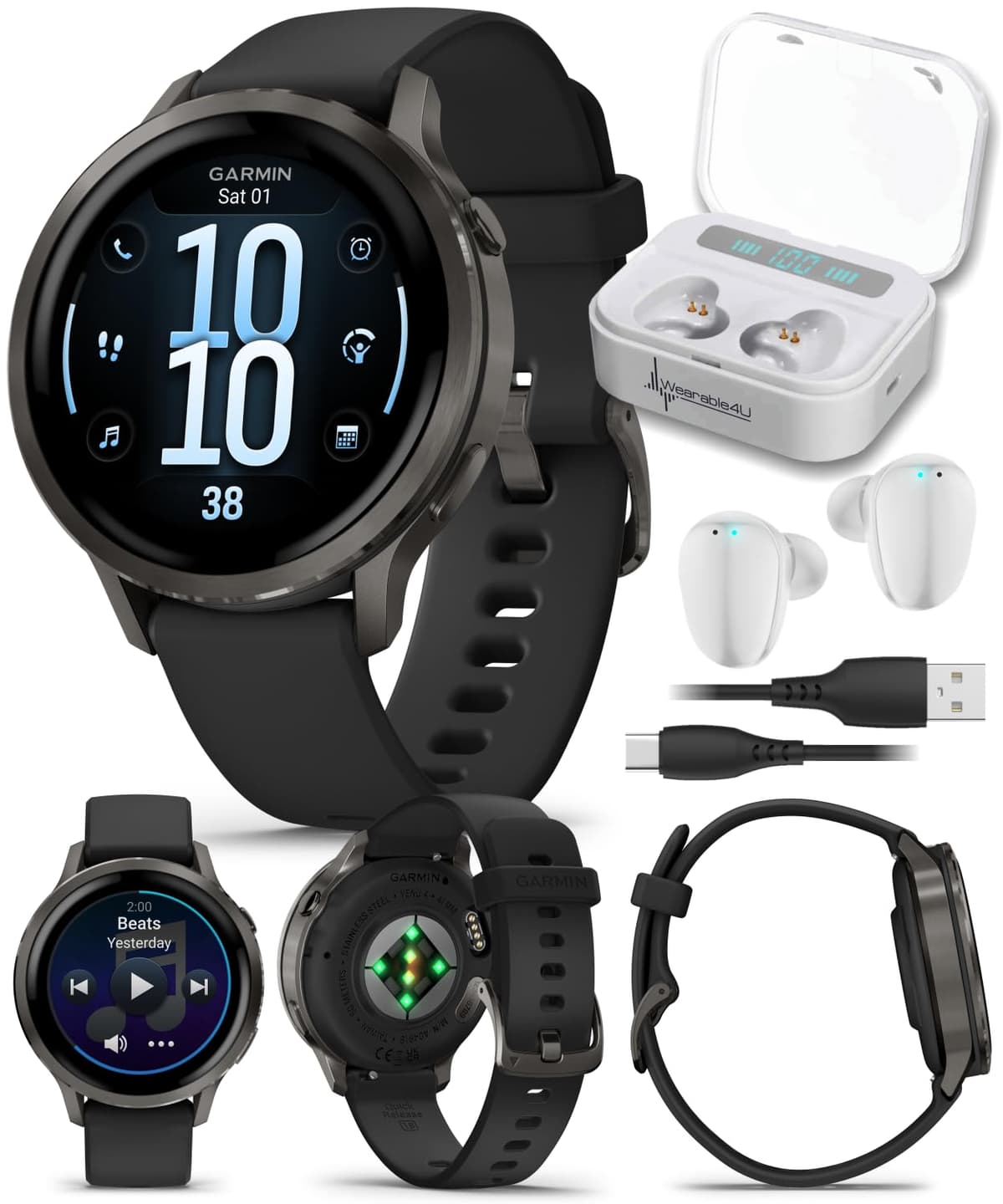 Garmin Venu 4 41 mm Slate con correa negra y auriculares Wearable4U blancos TWS X7-1