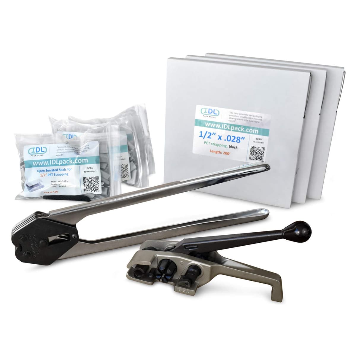 IDL Packaging PRO Kit de flejado PET 1/2" x 600' con tensora MUL-320 y sello MUL-331 PM.PSK.12.600