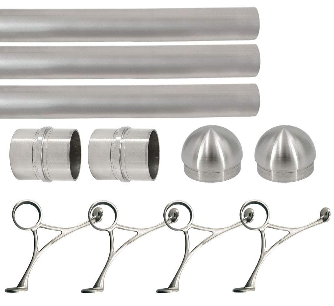 Top Hardware juego de riel para pies para barra extra largo 2" OD - 18 ft, acero inoxidable cepillado, conectores internos, soportes combinados y tapas abombadas FTXRA-RL-D-2"-18