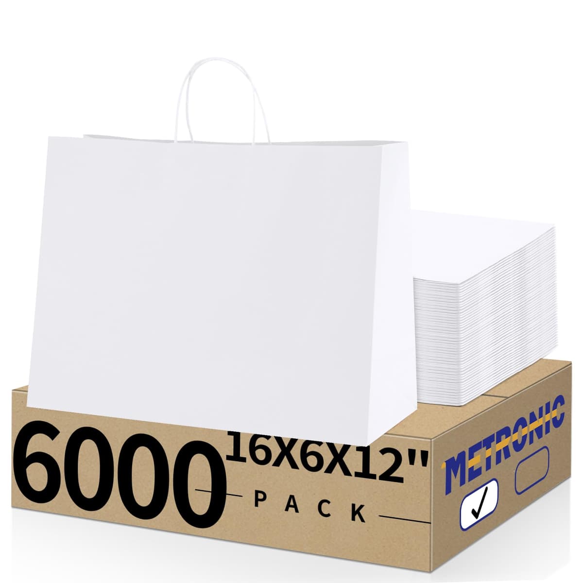 METRONIC Kraft Paper Gift Bags 16x6x12 Inch - 6,000 pack (White)