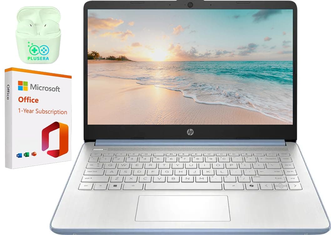 HP Laptop empresarial LED 14", 32 GB RAM, 640 GB almacenamiento (128 GB UFS + 512 GB tarjeta SD), Intel Quad-Core N150, Windows 11 S y Office 365 por 1 año incluido, audífonos PLUSERA, azul cielo HP 14