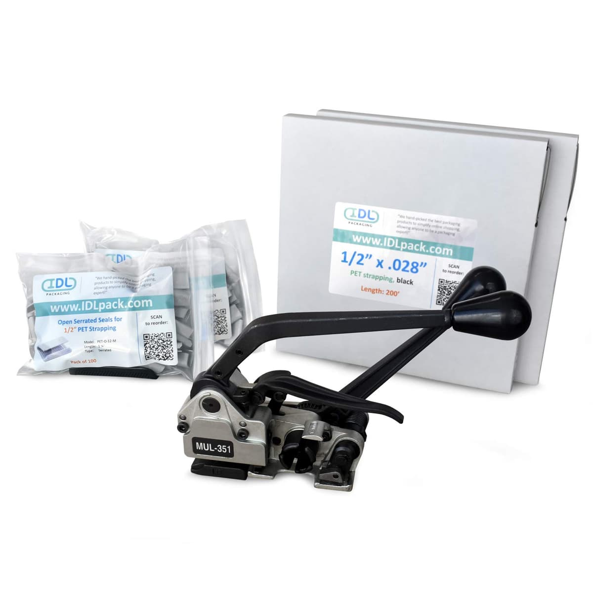 IDL Packaging Ultimate Kit de flejado PET 1/2" x 400' con herramienta 3-en-1 CM.PSK.12.400