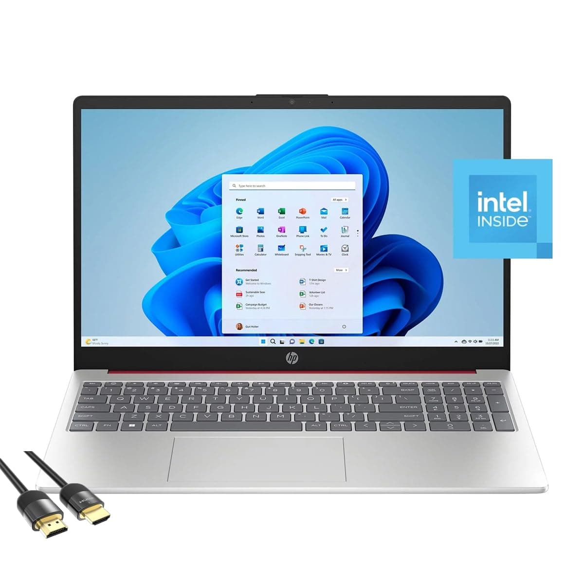 Laptop HP para Negocios y Estudiantes, 15.6" HD Antirreflejo, Intel N200 de 4 Núcleos, 16 GB RAM, 128 GB UFS, Wi-Fi 6, Webcam, HDMI, USB-C, Cable HDMI PD, Windows 11 Home en Modo S, Rojo Escarlata, 15-FD