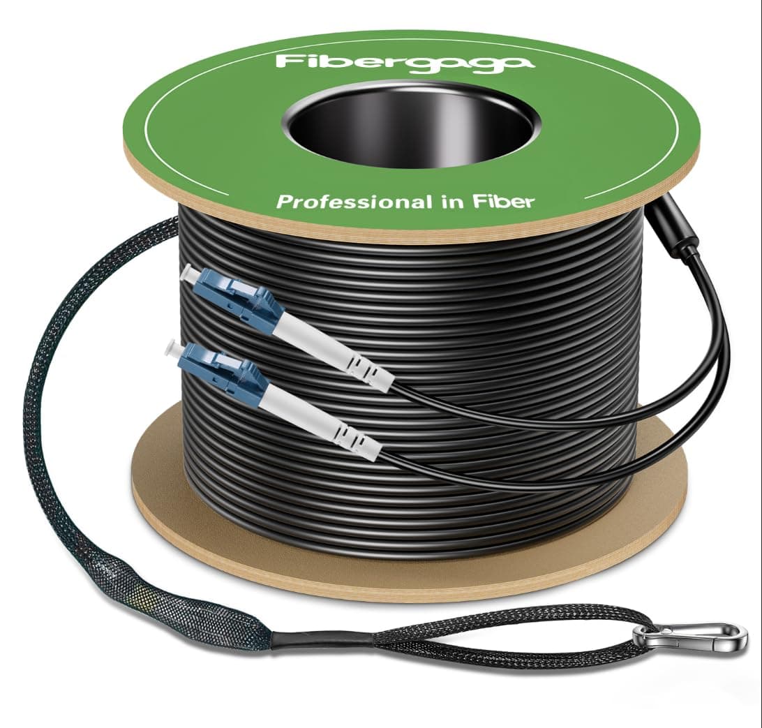 Fibergaga-300M (1000 ft) Cable patch de fibra óptica blindado para exteriores OS2 LC a LC, SM monomodo dúplex 9/125 µm, cable de conexión de fibra para enterramiento directo, TPU industrial OD 5 mm con kit de ojo de tracción instalado en un extremo OS2-LC-LC-DX-300M-TPU-ODAR1-S-5mm