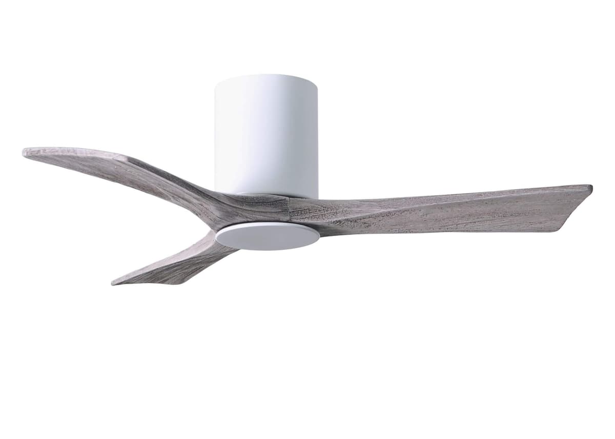 Matthews IR3HLK-WH-BW-42 Irene 42" Damp Rated Flush Mount Ceiling Fan con Luz y Control Remoto y de Pared, Motor DC Silencioso, 3 Aspas de Madera, Blanco Brillante con Tono Barn Wood