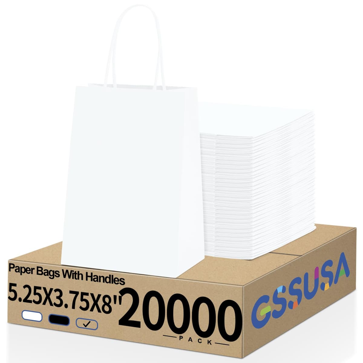 GSSUSA Paper Gift Bags 5.25x3.75x8 Inch - 20,000 pack (White)
