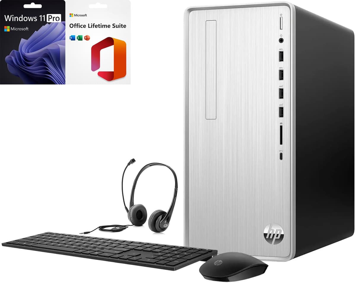 Computadora de Escritorio HP Pavilion PC, 8 núcleos AMD Ryzen 7, Windows 11 Pro con Suite de Microsoft Office de por vida, Wi-Fi, Bluetooth, Teclado y Mouse Inalámbricos, Auriculares (AMD Ryzen 7, 64 GB RAM | 2 TB SSD) TP01-2234