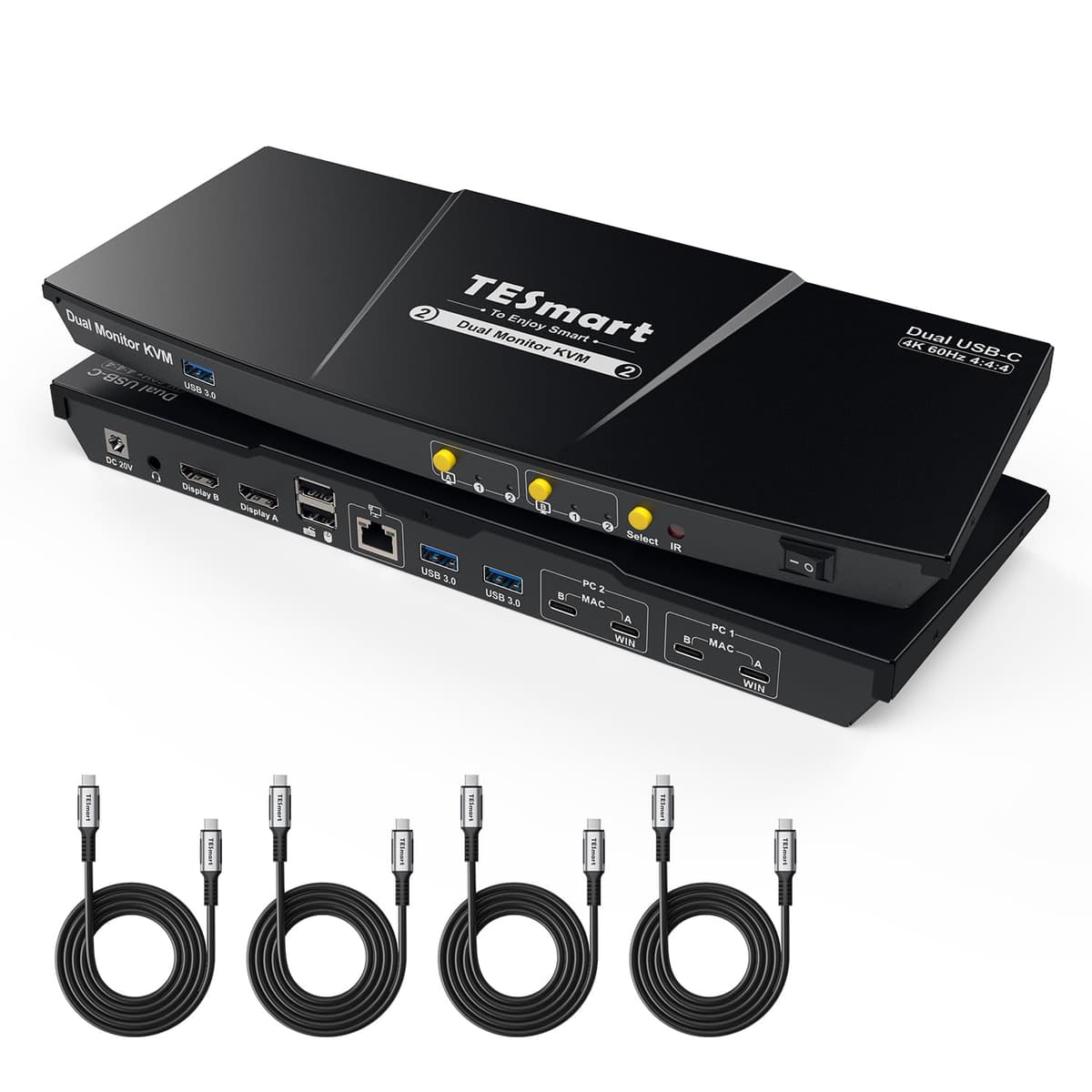 TESmart KVM USB-C Dual Monitor 2 PC 4K@60Hz con Docking, 60W PD, 1G Ethernet y EDID CKS202-P23-USBK-V2