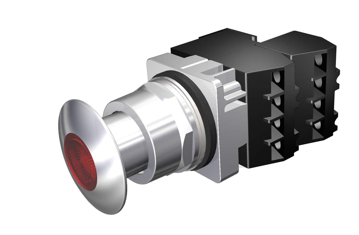 Siemens 52PP2G2GB Unidad pulsador tirón iluminada 30mm cabeza hongo metálica roja 2 posiciones mantenida 2NC 120V (transformador) LED cromo estanca