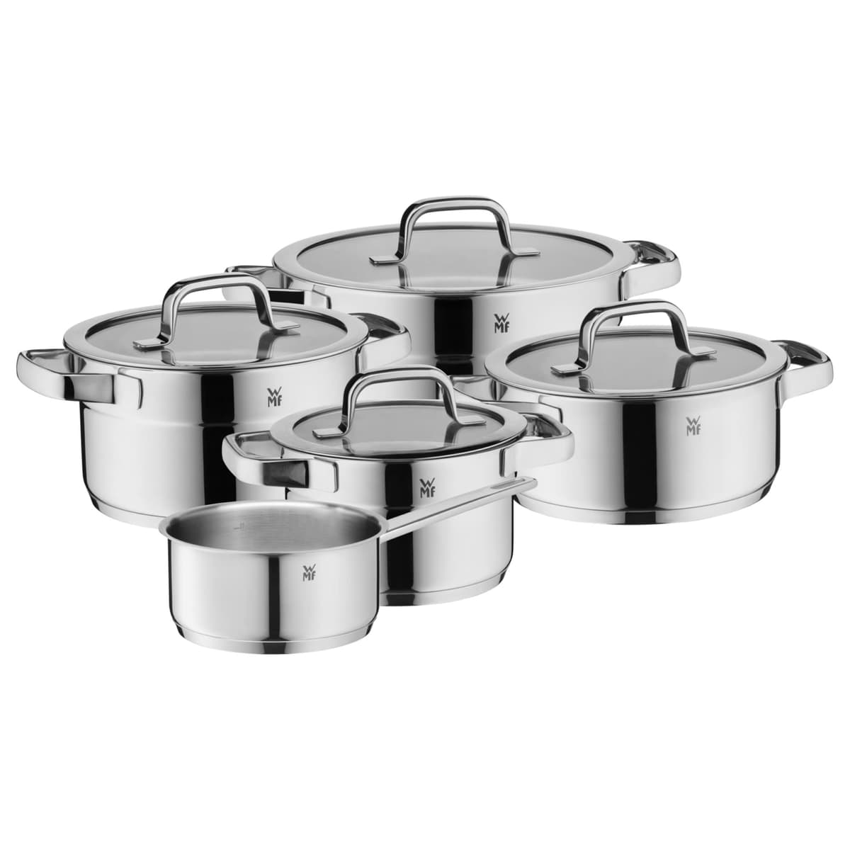 WMF Compact Cuisine Juego de 5 ollas y cacerolas para inducción con tapa de vidrio, acero inoxidable Cromargan pulido, sin recubrimiento 790556380
