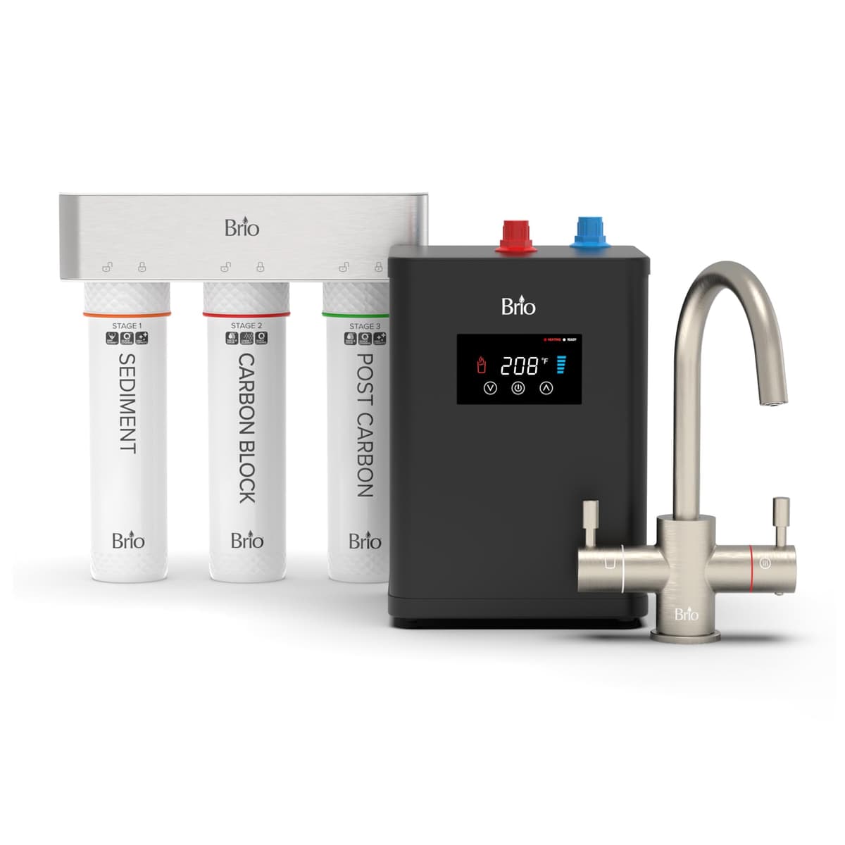 Brio CLIHD300BN Sistema de agua caliente instantánea bajo mesada de 3 etapas digital - Grifo de doble flujo Níquel cepillado