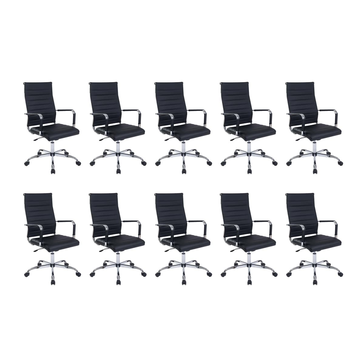 Walmokid Office Desk Chair with Wheels Set of 10, Ergonomic Black Leather Conference Room Chairs, Height Adjustable, Ribbed High Back USBO4645