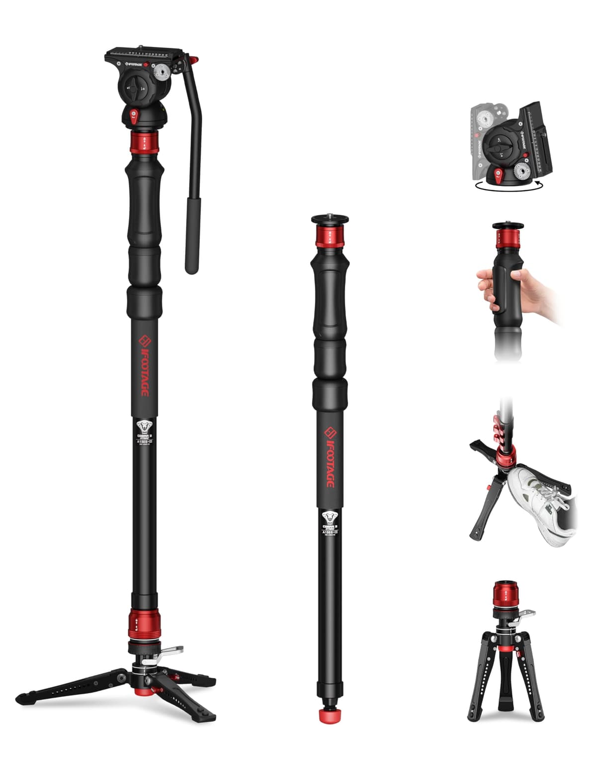Monopié IFOOTAGE Cobra 3 Strike A150S-Ⅲ con cabeza fluida Komodo K5S, monopié de video de aluminio con elevación de un solo toque y base de trípode desmontable, capacidad 11 lb 60"/150 cm A150S III+K5S