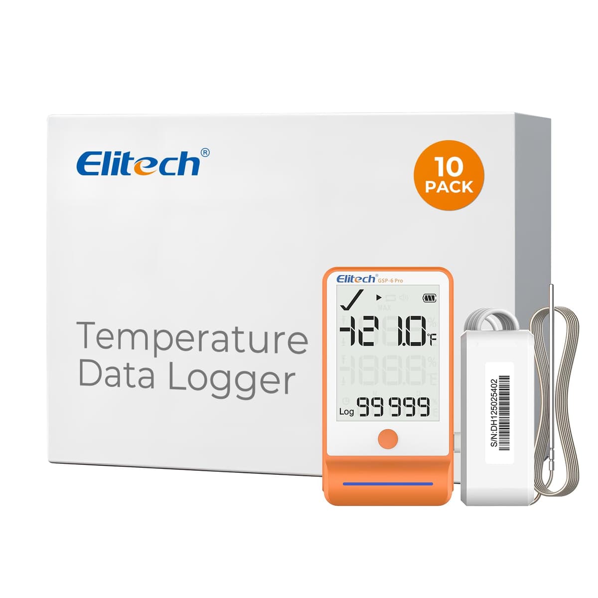 Elitech Paquete de 10 Registradores de Temperatura Digital Bluetooth Ultra Bajo para Refrigerador Shadow Data 100000 Puntos Exportar Informe PDF/CSV, Certificado de Calibración DDL de Vacunas Farmacéuticas, MÁX MÍN AVR GSP-6-TLE GSP-6Pro-TLE-10Pack