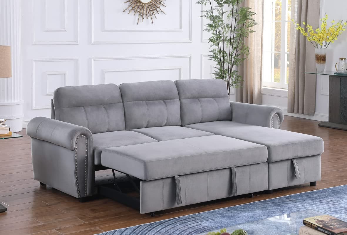 TOKAA 96.5 Inch Convertible L-Shaped Sleeper Sectional Sofa Velvet with Storage Chaise, Pull Out Bed, Reversible Corner, Gray ABC123