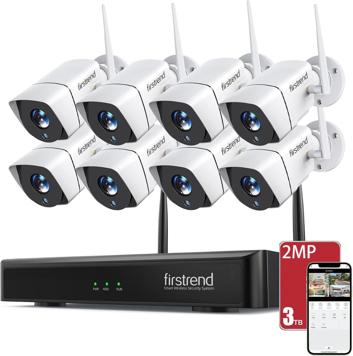 Sistema de cámaras de seguridad inalámbricas Firstrend para exteriores con CCTV P2P, NVR H.265, detección humana por IA, audio bidireccional, IP66 resistente al agua, disco duro de 3 TB con grabación 24/7, 8 cámaras para el hogar FTUS-W882M3TASG-XM