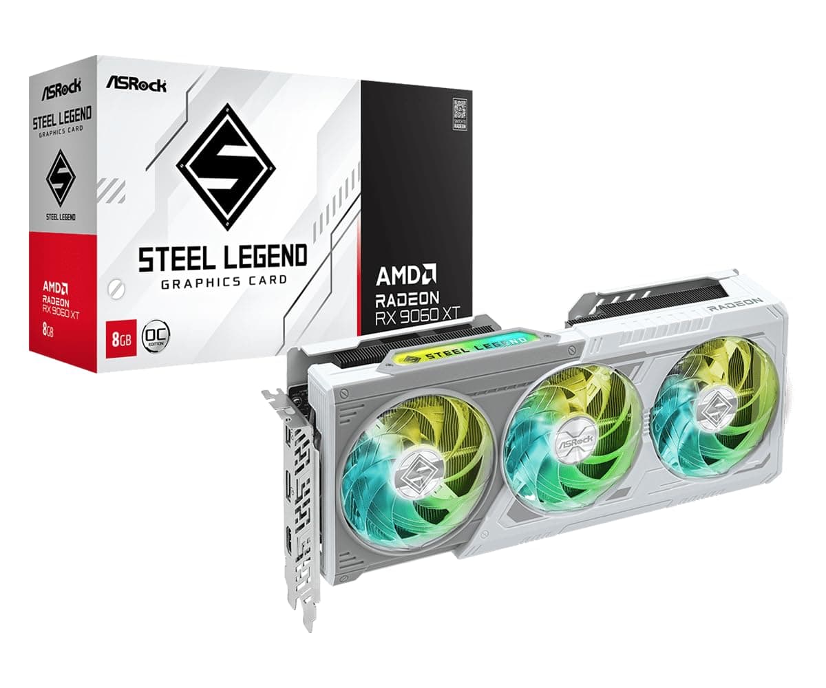 ASRock Radeon RX 9060 XT Steel Legend 8GB GDDR6 OC Tarjeta Gráfica | 3320 MHz Boost | Triple Ventilador | Enfriamiento 0dB | Placa Trasera Metálica | PCIe 5.0 | DisplayPort 2.1a, HDMI 2.1b 90-GA5ZZZ-00UANZ