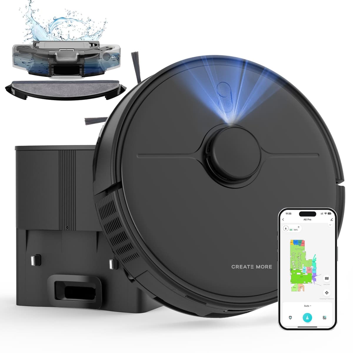 eitton Robot Aspirador y Mop Auto-vaciado A6Pro - 5000Pa, LiDAR, Hasta 60 Días Sin Contacto, App/Alexa US-GI-A6Pro-BBG-01