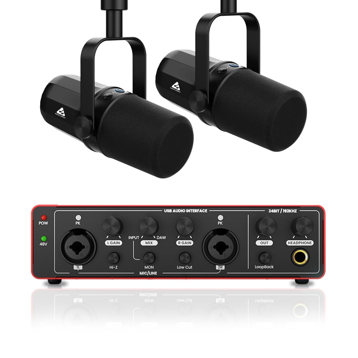 Audio Array PB-03 Kit profesional para podcasting con 2 micrófonos USB/XLR y interfaz de audio 24bit/192kHz