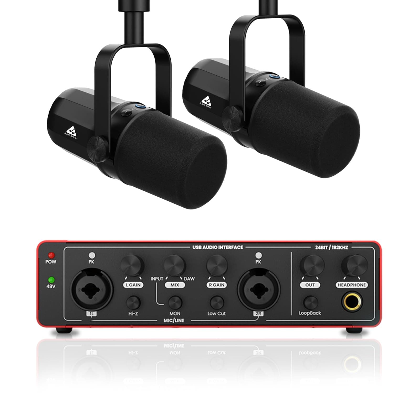 Audio Array PB-03 Kit profesional para podcasting con 2 micrófonos USB/XLR y interfaz de audio 24bit/192kHz