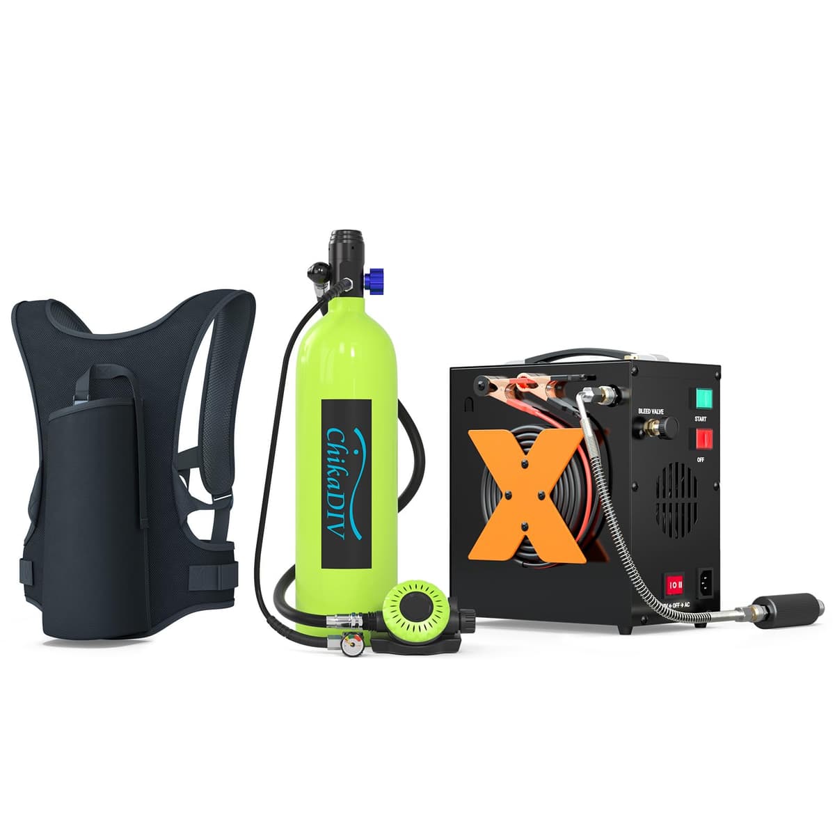 CHIKADIV Mini Scuba Tank 1.9L Verde - Cilindro Portátil con Compresor y Chaleco