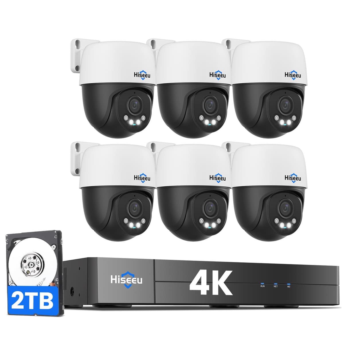 【4K HD+Vista 360°】 Sistema de Cámaras de Seguridad Hiseeu 4K PoE, 6 Unidades 8MP PTZ Cableadas para Exterior e Interior, Seguimiento Humano Automático, Acceso Remoto Gratis, Audio Bidireccional, Plug and Play, Disco Duro 2TB para Grabación 24/7 PK-6YHD98-BT