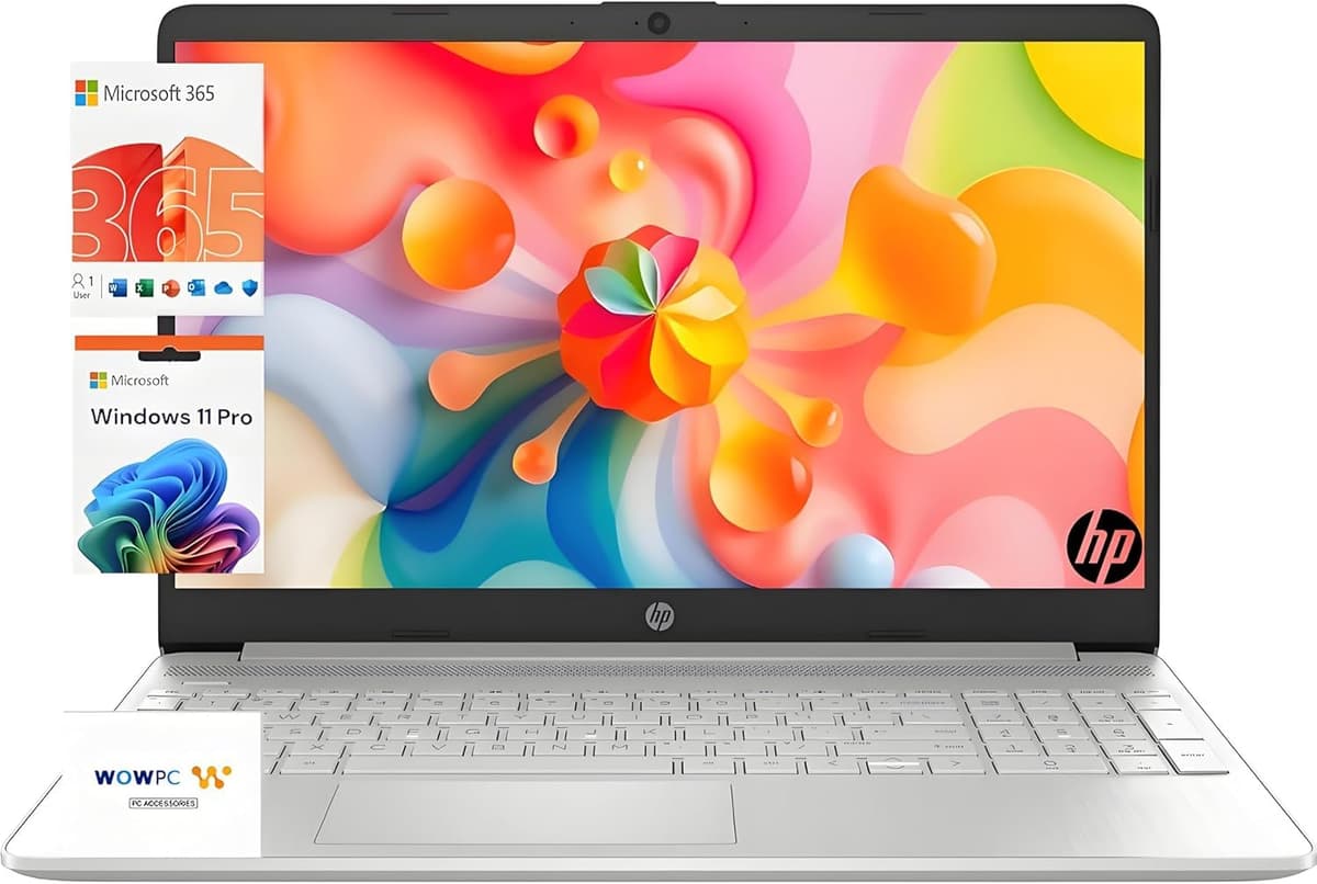 HP 2026 Laptop de 15 pulgadas, Procesador Intel de 4 núcleos, 16 GB RAM, 256 GB SSD, Pantalla LED IPS Micro Edge de 15.6", Lector de tarjetas SD, HDMI, Windows 11 Pro, Larga duración de batería, Wi-Fi 6, WOWPC USB HP Laptop