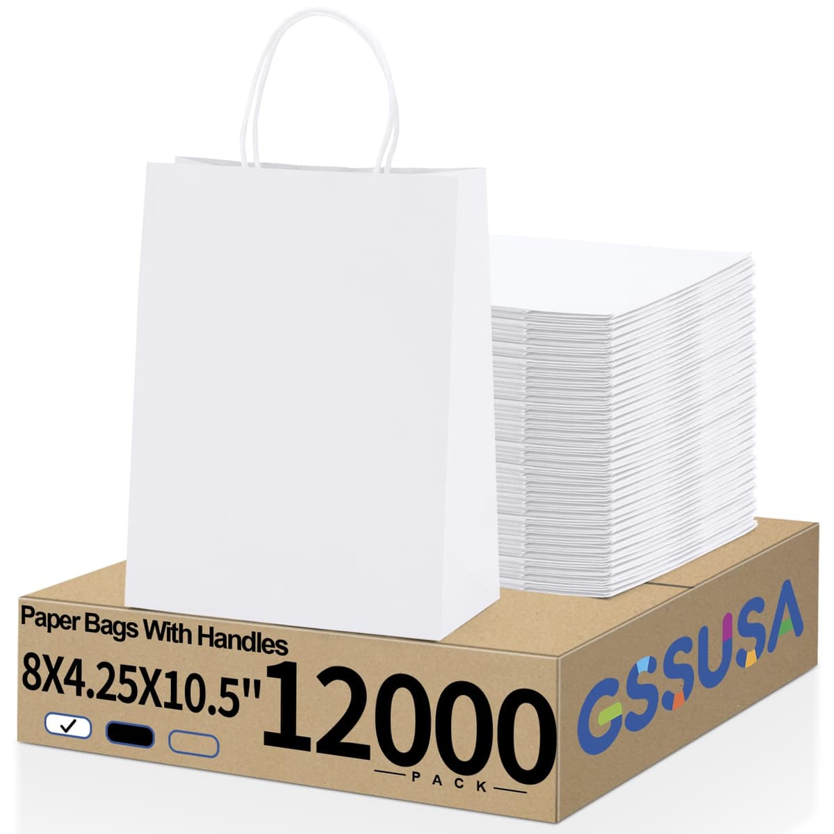 GSSUSA 8x4.25x10 Inch White Paper Bags with Handles - Pack 12000