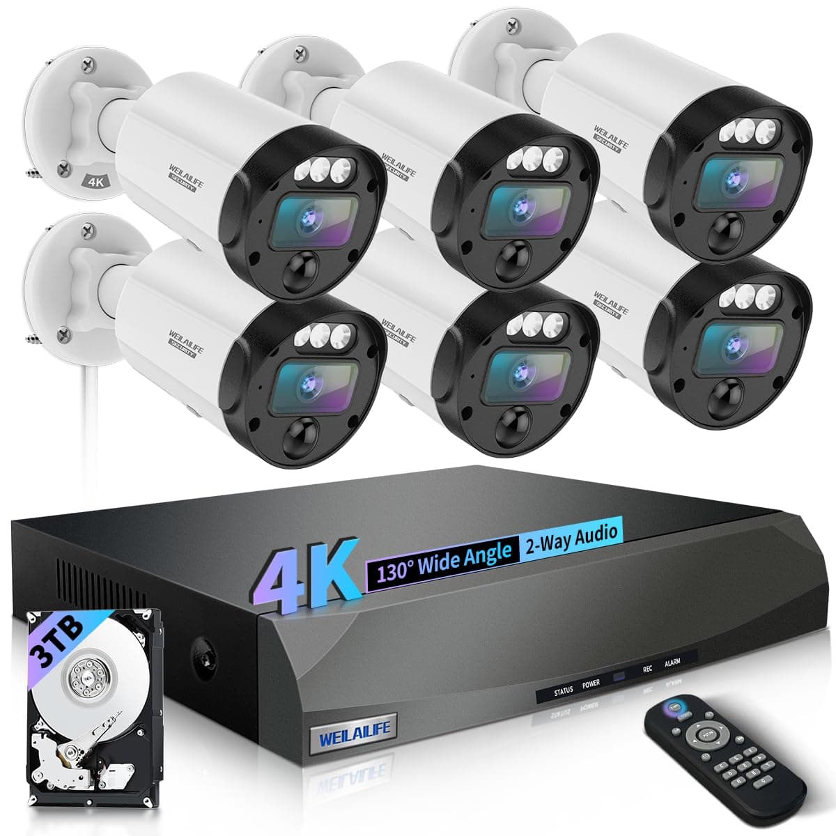WEILAILIFE 【Ángulo Ultra Gran Angular de 130° y Audio Bidireccional】 Sistema de Cámaras de Seguridad para Exteriores 4K con Cable, Sistema de Cámaras de Seguridad para el Hogar con Cable, Sistema de Videovigilancia para el Hogar WE-67921