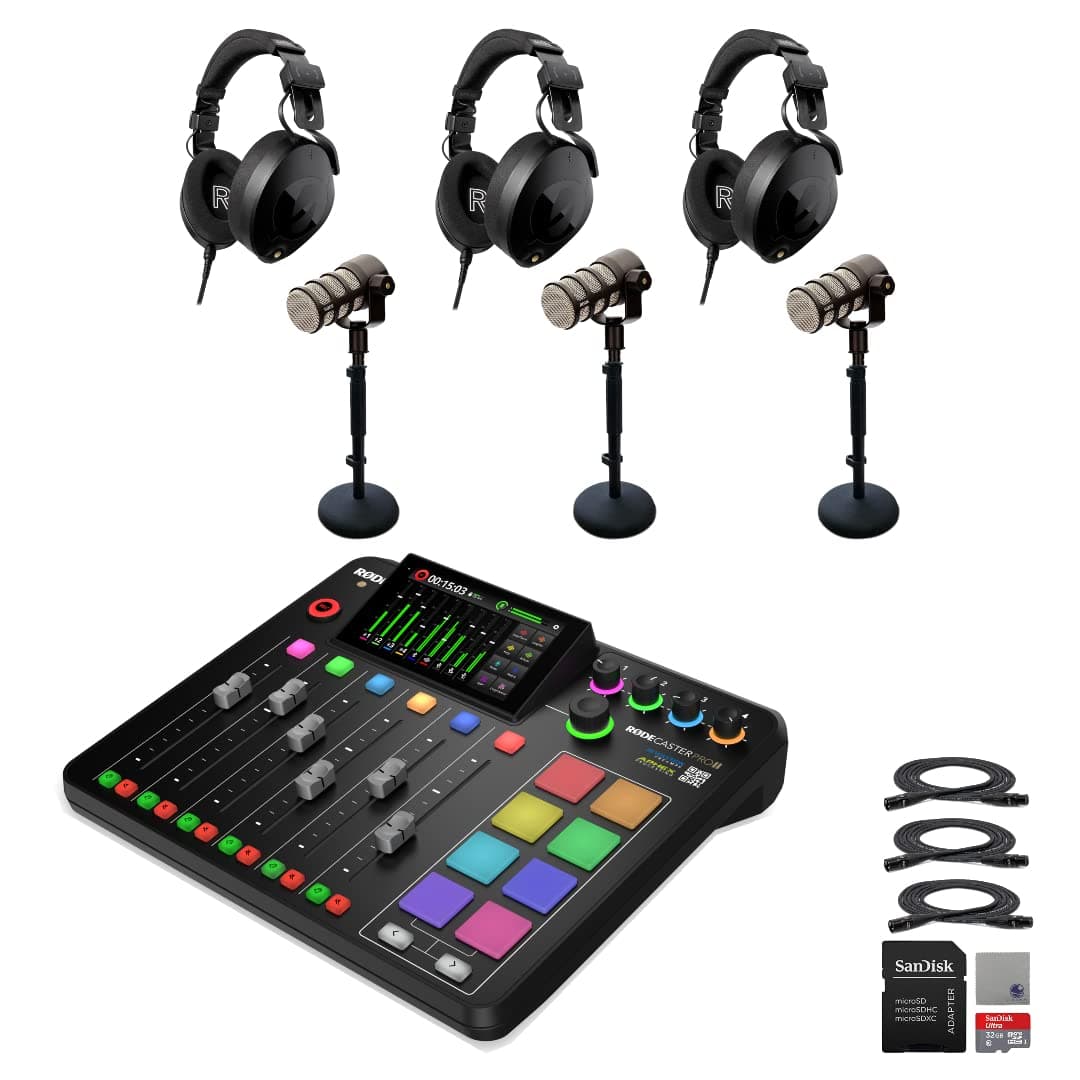 StreamEye Rode RODECaster Pro II consola de producción de audio integrada con 3x PodMic, audífonos NTH-100, soportes DS1, tarjeta microSD 32GB y cables XLR RCPII | PodMic | DS1 | NTH100 x3