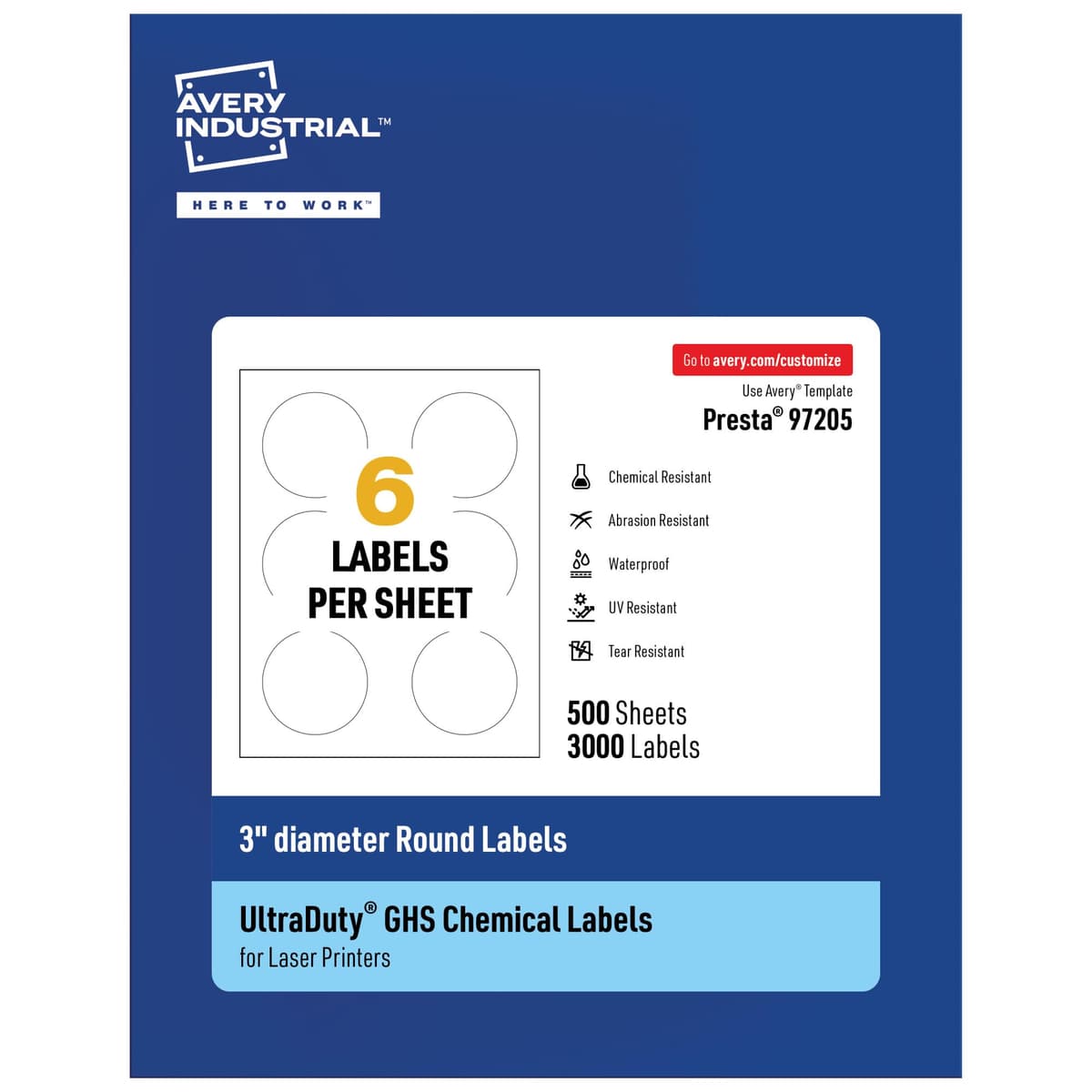 Avery UltraDuty GHS Labels 3" redondas impermeables 3000 unidades para impresoras láser 97205-WMU500