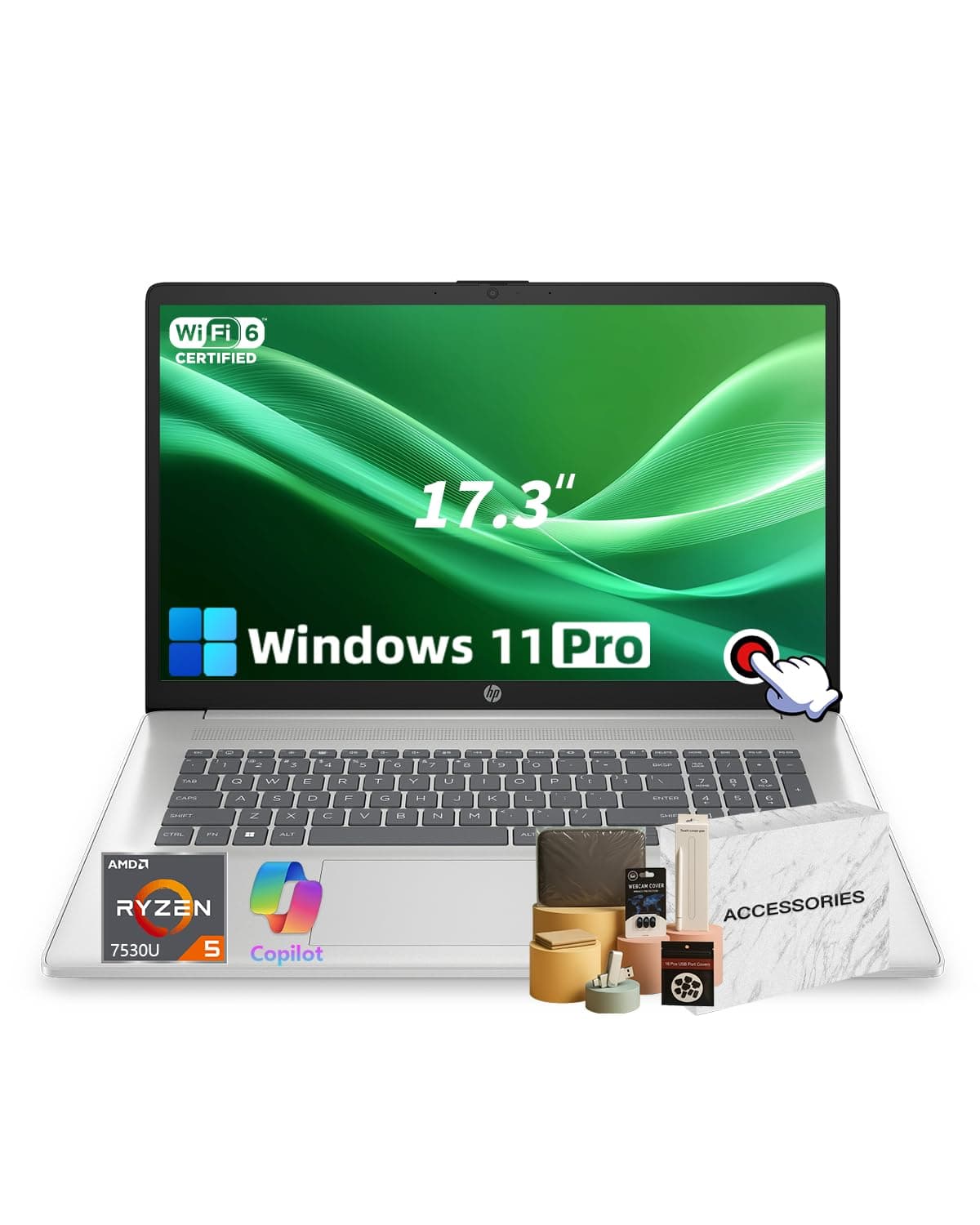 HP 17 Pantalla Táctil, 17.3" HD+ Antirreflejo, AMD Ryzen 5 7530U, Gráficos AMD Radeon, 64GB RAM, SSD 2TB, Teclado Numérico, con Accesorios, Windows 11 Pro - Computadora para Negocios y Estudiantes HP 17 inch Laptop