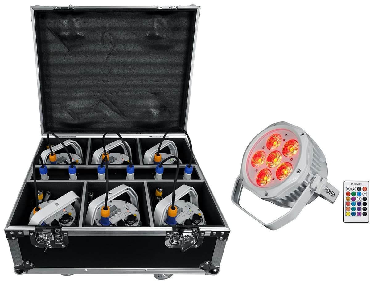 Rockville Best Pack H2O White (6) 108W Battery Wash Lights, Water Resistant, Wireless DMX, Rechargeable, RGBWA+UV, Remotes, Charging Case para DJs y Eventos al Aire Libre