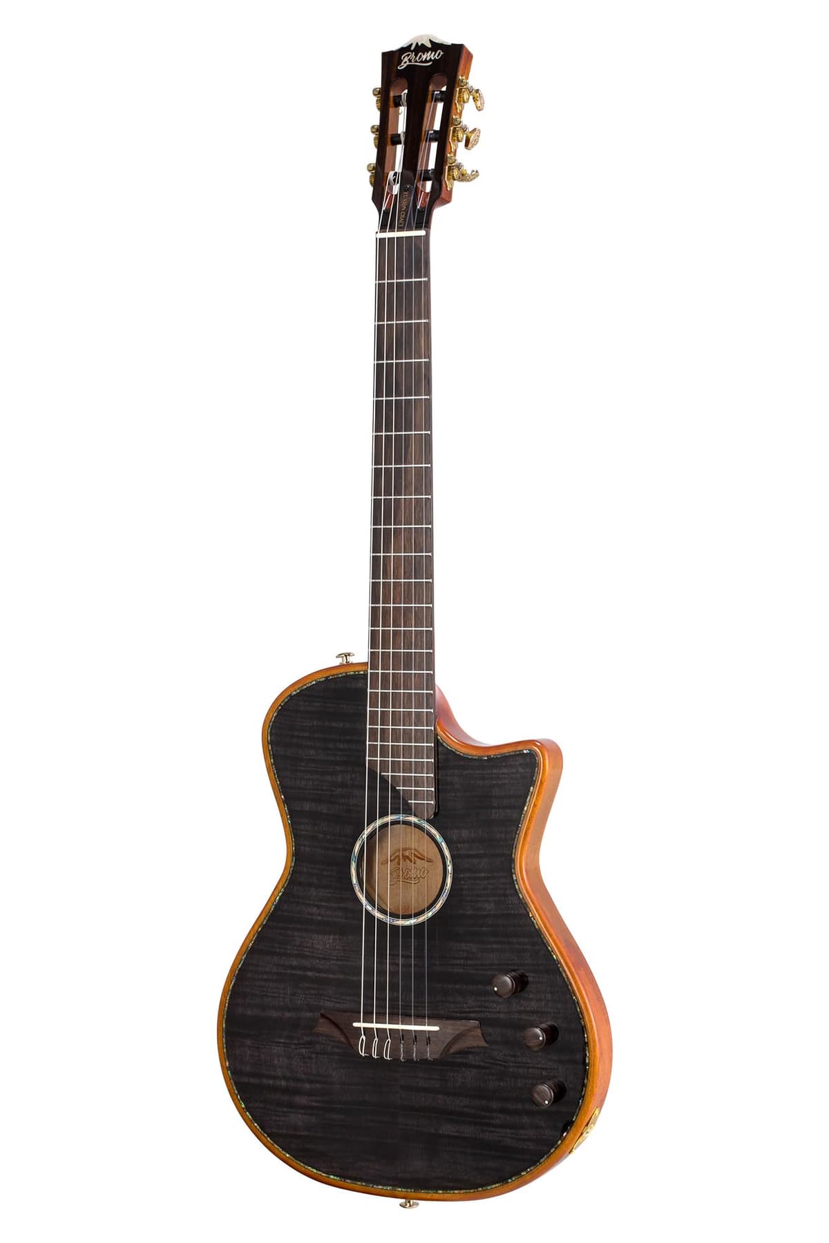 Bromo BEN2C Guitarra eléctrica de cuerdas de nailon, cuerpo delgado totalmente camaronado semi-hueco con mástil delgado, doble pastilla, guitarra clásica de fusión para escenario y actuaciones en vivo con estuche rígido (Negro Transparente)